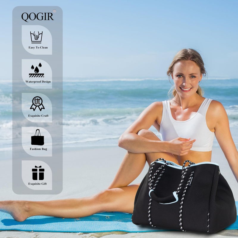 QOGiR Neoprene Multipurpose Beach Bag Tote with Inner Zipper Pocket (Pure Black, X-Large) - Image 3